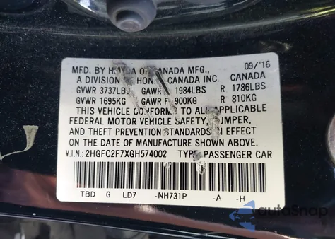 2016 Honda Civic Ex z USA, uszkodzony, nr VIN 2HGFC2F7XGH574002